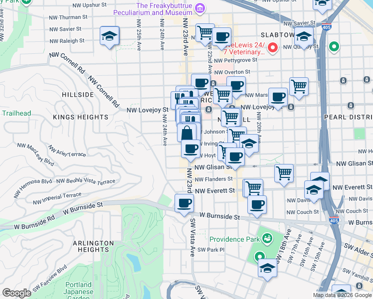 map of restaurants, bars, coffee shops, grocery stores, and more near 621 Northwest 23rd Avenue in Portland