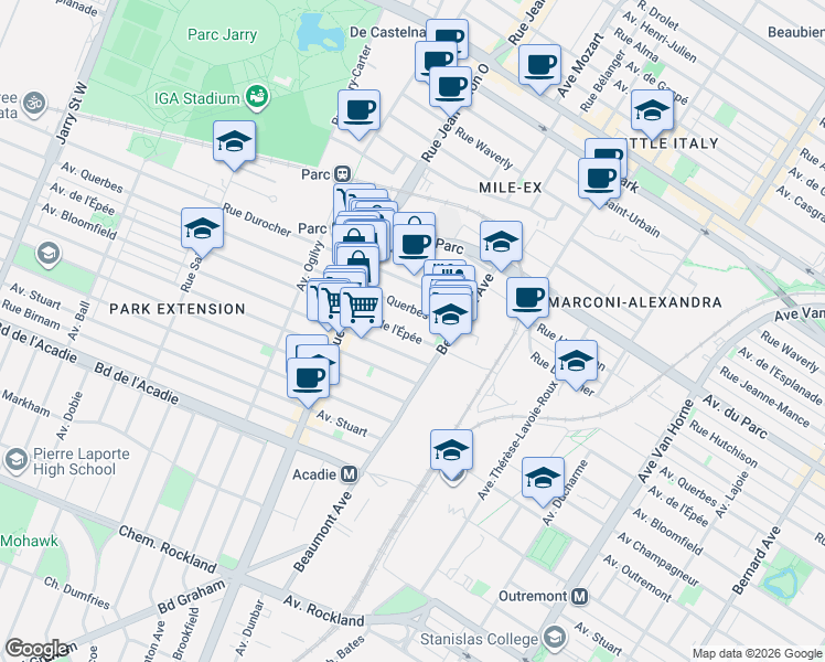 map of restaurants, bars, coffee shops, grocery stores, and more near 6969 Avenue de l'Épée in Montréal