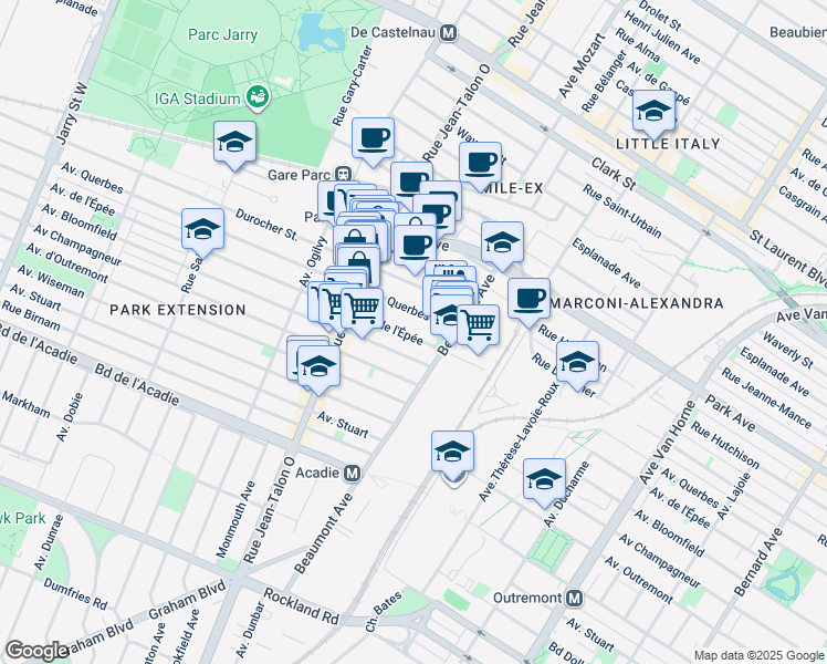map of restaurants, bars, coffee shops, grocery stores, and more near 6969 Avenue de l'Épée in Montréal