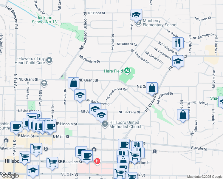 map of restaurants, bars, coffee shops, grocery stores, and more near 564 Northeast Birchwood Lane in Hillsboro