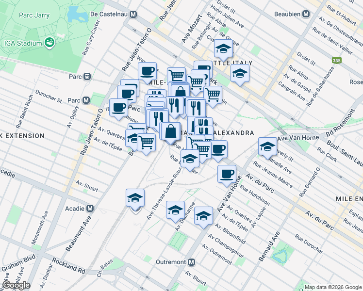 map of restaurants, bars, coffee shops, grocery stores, and more near in Montreal