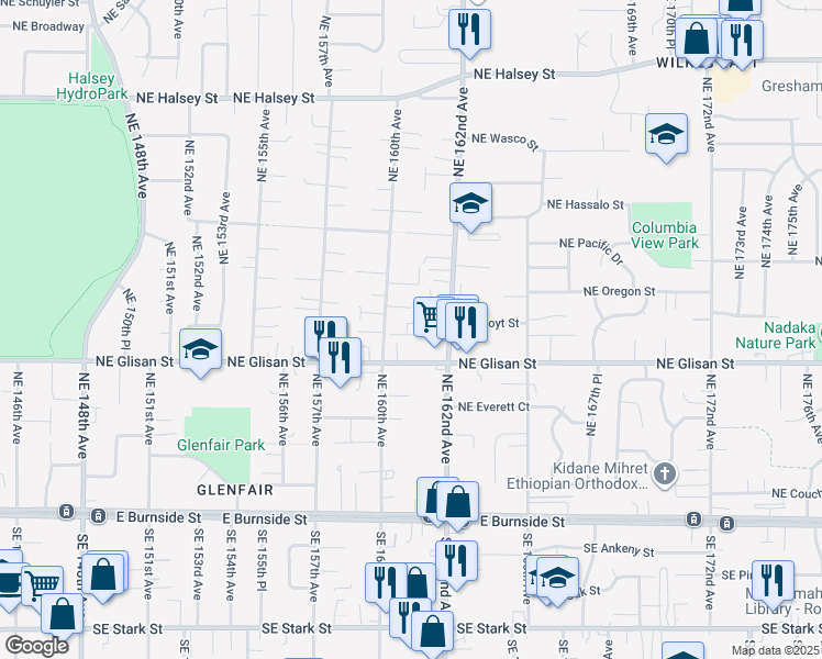 map of restaurants, bars, coffee shops, grocery stores, and more near 640 Northeast 160th Avenue in Portland