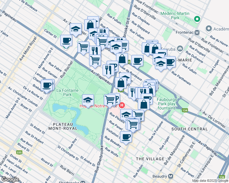 map of restaurants, bars, coffee shops, grocery stores, and more near 1676 Rue Sherbrooke Est in Montréal