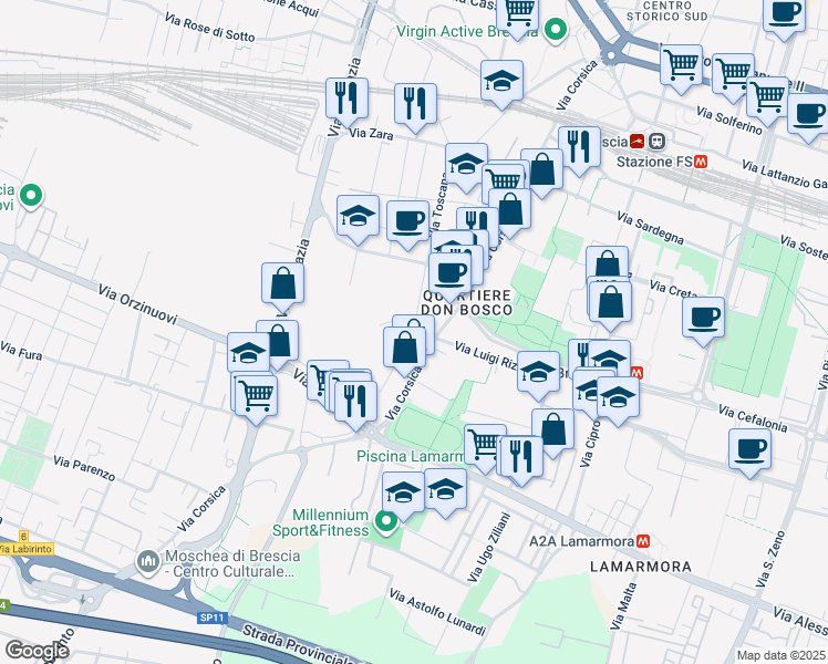 map of restaurants, bars, coffee shops, grocery stores, and more near 134 Via Corsica in Brescia