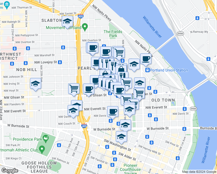 map of restaurants, bars, coffee shops, grocery stores, and more near 601 Northwest 11th Avenue in Portland