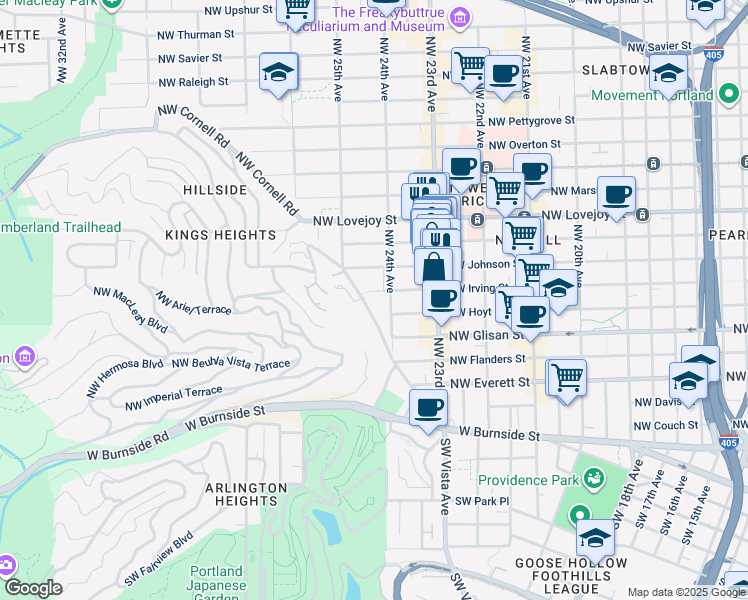 map of restaurants, bars, coffee shops, grocery stores, and more near 2438 Northwest Johnson Street in Portland