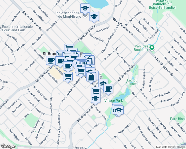 map of restaurants, bars, coffee shops, grocery stores, and more near 50 Chemin de la Rabastalière Est in St-Bruno-de-Montarville