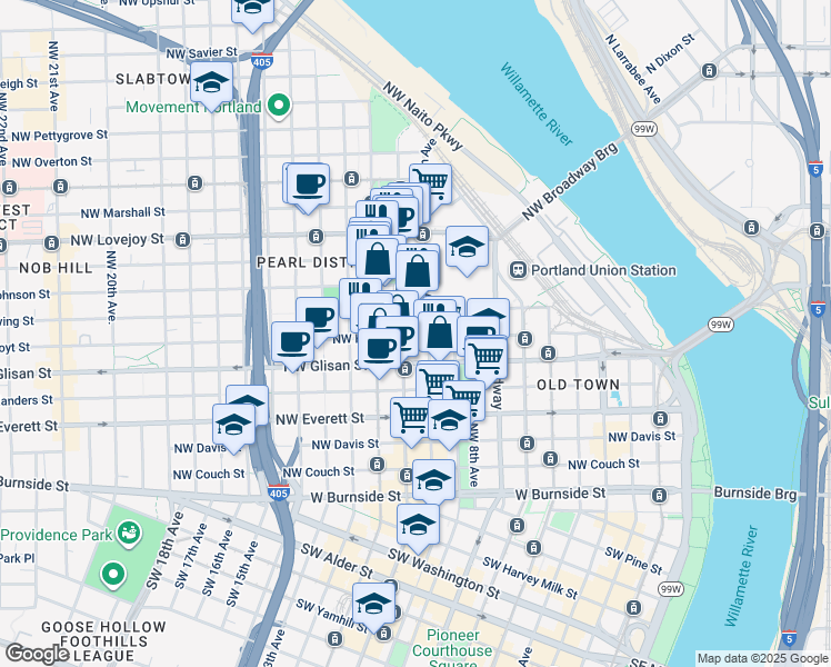 map of restaurants, bars, coffee shops, grocery stores, and more near 925 Northwest Hoyt Street in Portland