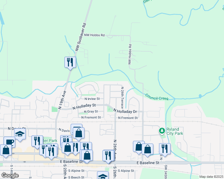map of restaurants, bars, coffee shops, grocery stores, and more near 2562 North Kamiakan Drive in Cornelius