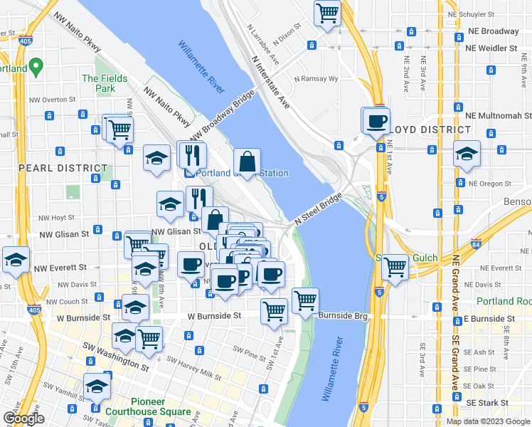 map of restaurants, bars, coffee shops, grocery stores, and more near 710 Northwest Naito Parkway in Portland