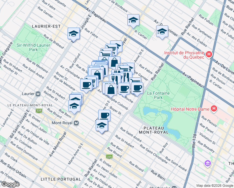 map of restaurants, bars, coffee shops, grocery stores, and more near 1150 Rue Marie-Anne in Montréal