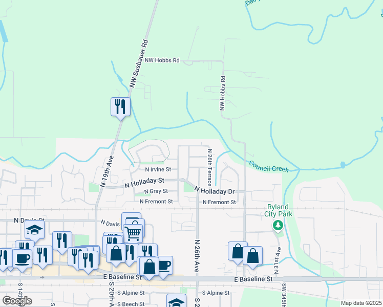 map of restaurants, bars, coffee shops, grocery stores, and more near 2562 North Kamiakan Drive in Cornelius