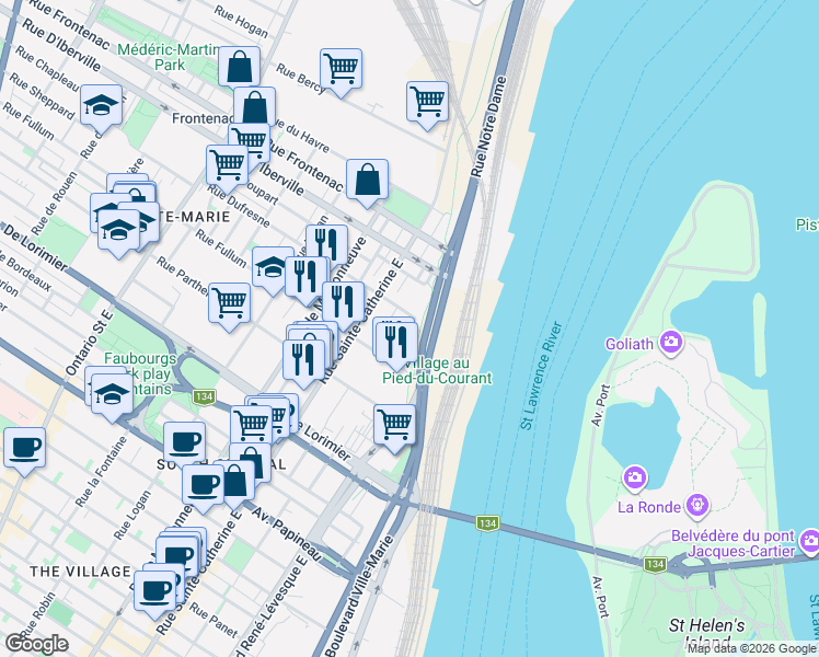 map of restaurants, bars, coffee shops, grocery stores, and more near 2377 Rue Jean-Langlois in Montréal