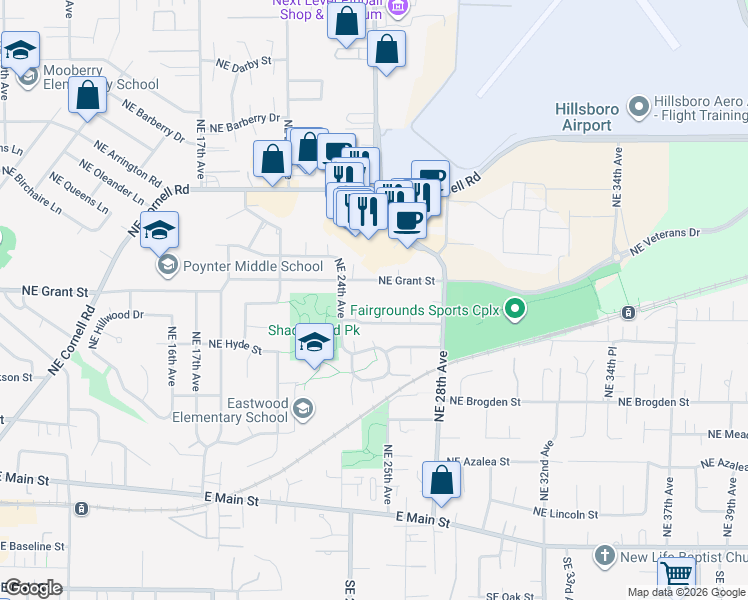 map of restaurants, bars, coffee shops, grocery stores, and more near 2509 Northeast Grant Street in Hillsboro