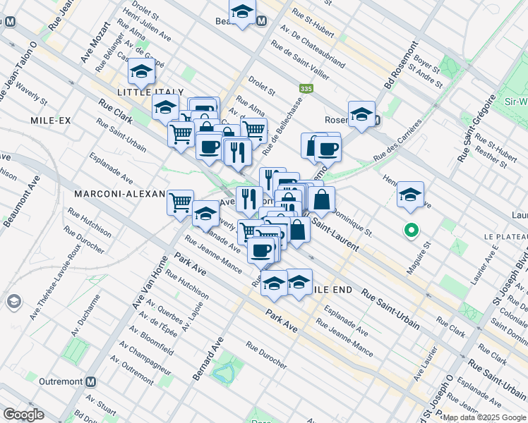 map of restaurants, bars, coffee shops, grocery stores, and more near in Montreal