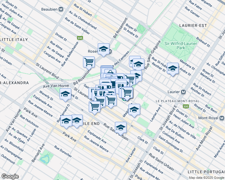map of restaurants, bars, coffee shops, grocery stores, and more near 5605 Avenue de Gaspé in Montréal
