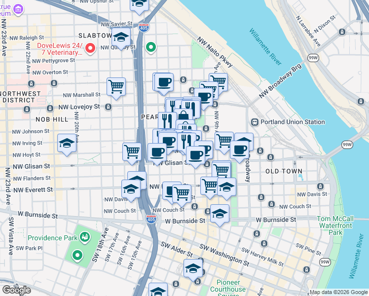 map of restaurants, bars, coffee shops, grocery stores, and more near 618 Northwest 12th Avenue in Portland