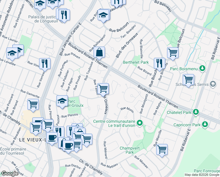 map of restaurants, bars, coffee shops, grocery stores, and more near 2980 Rue Mazenod in Longueuil