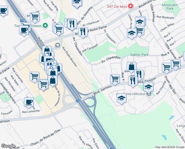 map of restaurants, bars, coffee shops, grocery stores, and more near 606 Avenue de Cherbourg in Laval