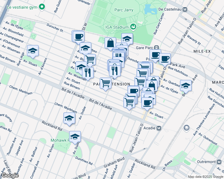 map of restaurants, bars, coffee shops, grocery stores, and more near 7615 Avenue Wiseman in Montréal