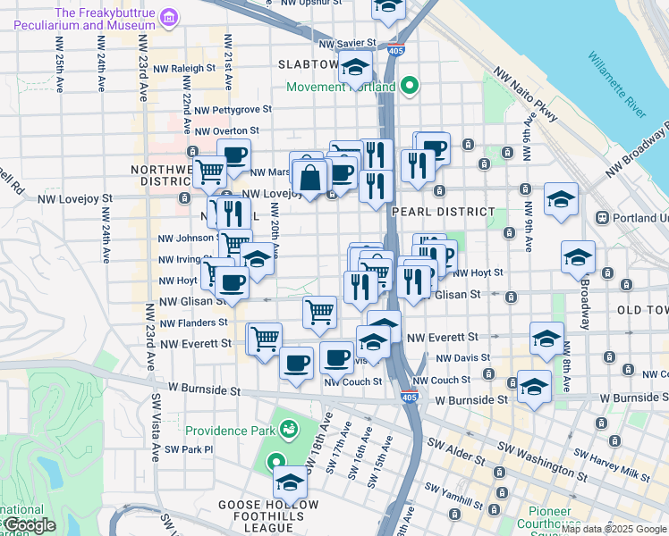 map of restaurants, bars, coffee shops, grocery stores, and more near 615 Northwest 18th Avenue in Portland