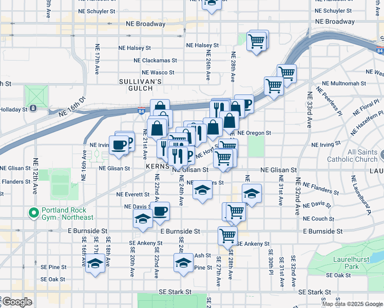 map of restaurants, bars, coffee shops, grocery stores, and more near 2437 Northeast Hoyt Street in Portland