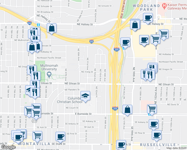 map of restaurants, bars, coffee shops, grocery stores, and more near 9117 Northeast Irving Street in Portland