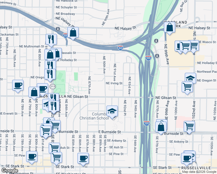 map of restaurants, bars, coffee shops, grocery stores, and more near 9003 Northeast Irving Street in Portland