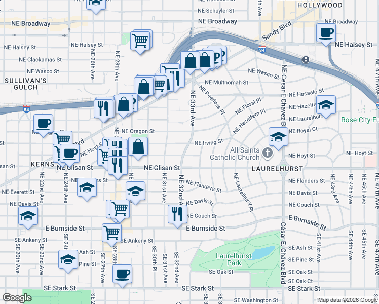 map of restaurants, bars, coffee shops, grocery stores, and more near 709 Northeast 32nd Avenue in Portland