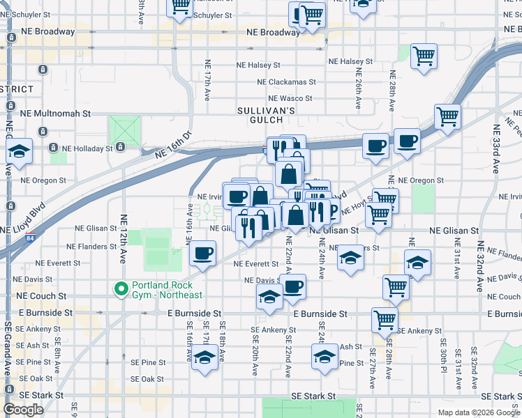 map of restaurants, bars, coffee shops, grocery stores, and more near 711 Northeast 21st Avenue in Portland