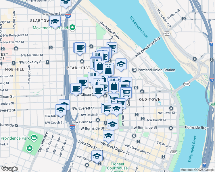 map of restaurants, bars, coffee shops, grocery stores, and more near in Portland