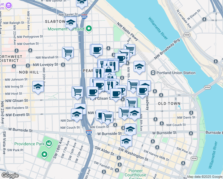 map of restaurants, bars, coffee shops, grocery stores, and more near 730 Northwest 12th Avenue in Portland