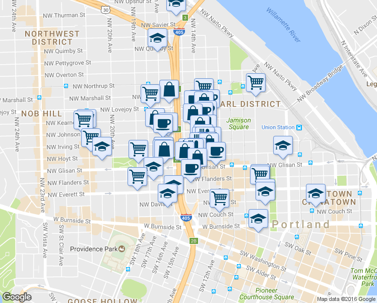 map of restaurants, bars, coffee shops, grocery stores, and more near 1415 Northwest Hoyt Street in Portland