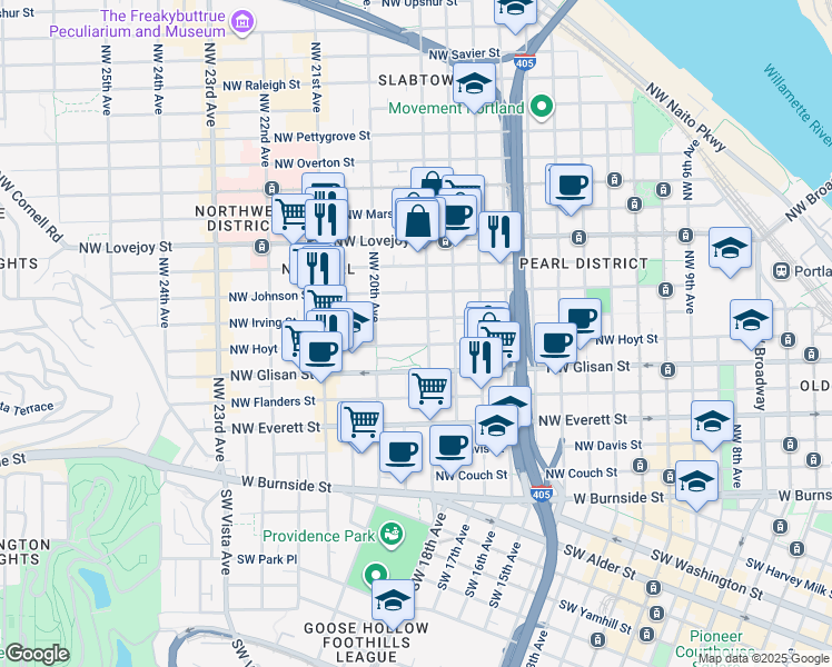 map of restaurants, bars, coffee shops, grocery stores, and more near 1929 Northwest Irving Street in Portland