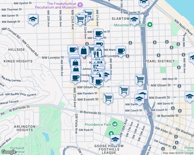 map of restaurants, bars, coffee shops, grocery stores, and more near 2147 Northwest Irving Street in Portland