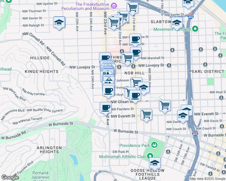 map of restaurants, bars, coffee shops, grocery stores, and more near 723 Northwest 22nd Avenue in Portland