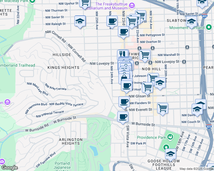 map of restaurants, bars, coffee shops, grocery stores, and more near 2438 Northwest Johnson Street in Portland