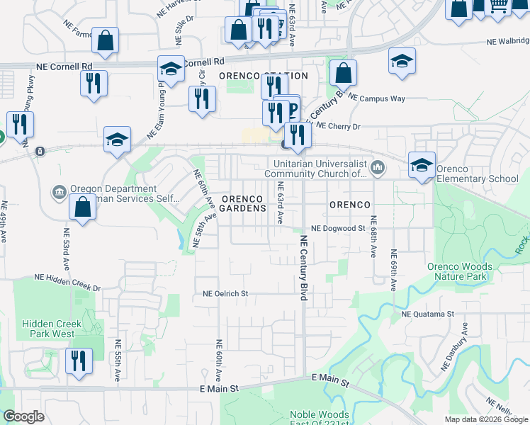 map of restaurants, bars, coffee shops, grocery stores, and more near 6229 Northeast Chestnut Street in Hillsboro