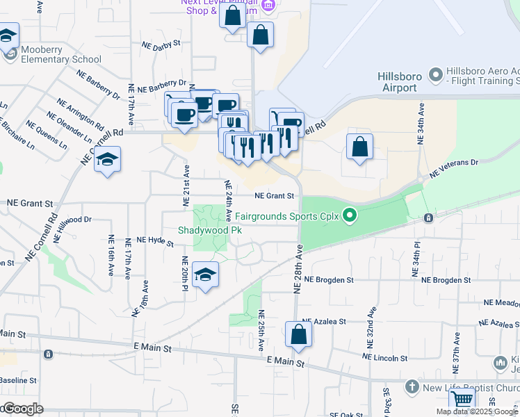 map of restaurants, bars, coffee shops, grocery stores, and more near 2509 Northeast Grant Street in Hillsboro