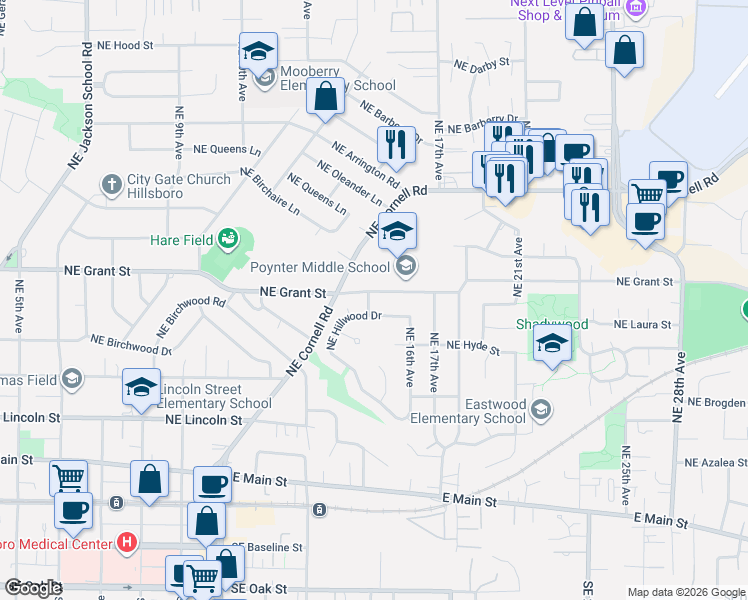 map of restaurants, bars, coffee shops, grocery stores, and more near 1520 Northeast Grant Street in Hillsboro