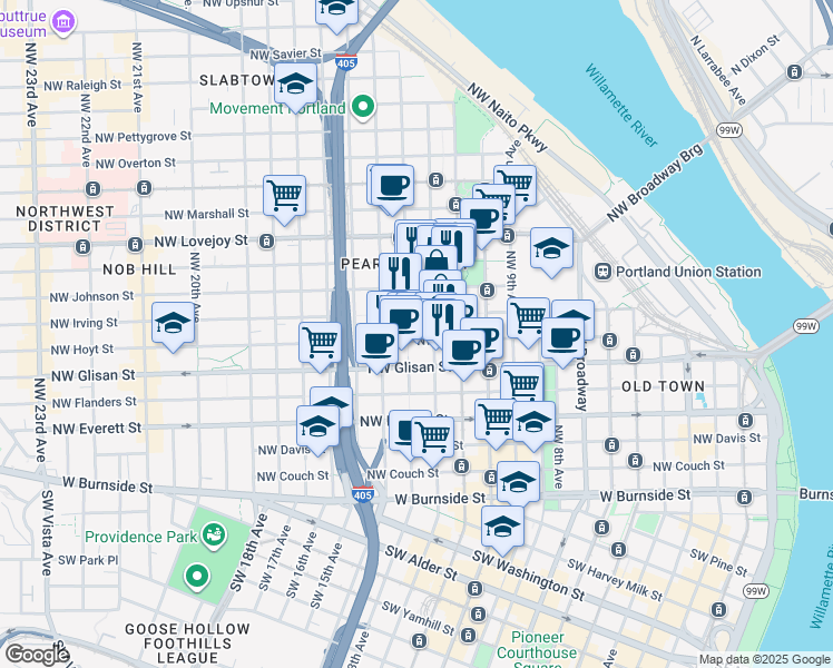 map of restaurants, bars, coffee shops, grocery stores, and more near 730 Northwest 12th Avenue in Portland