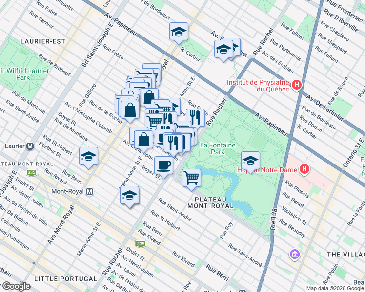 map of restaurants, bars, coffee shops, grocery stores, and more near 4215 Rue de Brébeuf in Montréal