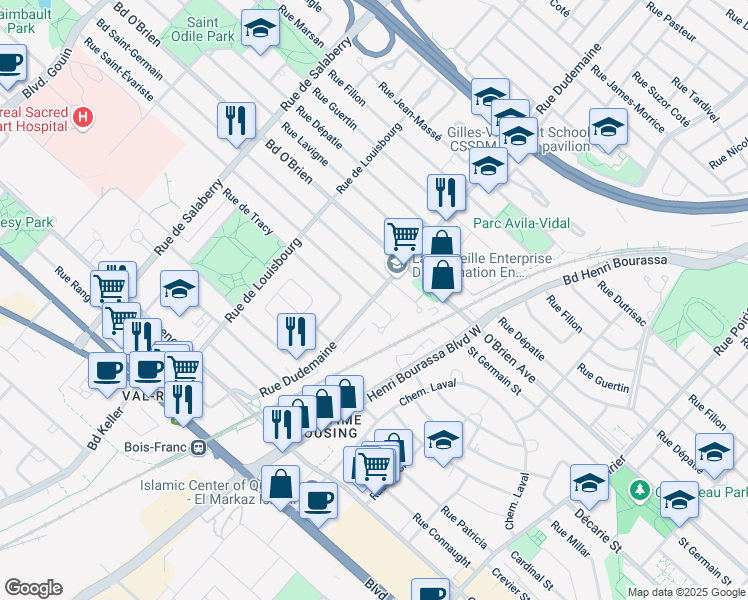 map of restaurants, bars, coffee shops, grocery stores, and more near 11605 Rue Saint Évariste in Montreal