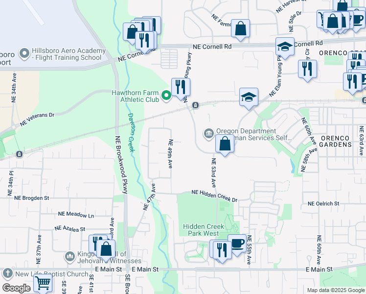 map of restaurants, bars, coffee shops, grocery stores, and more near 640 Northeast 49th Avenue in Hillsboro