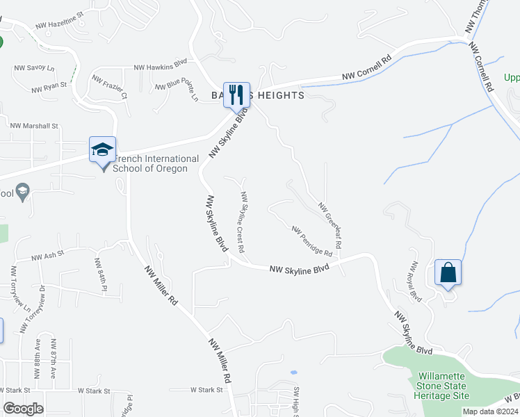 map of restaurants, bars, coffee shops, grocery stores, and more near 708 Northwest Skyline Crest Road in Portland