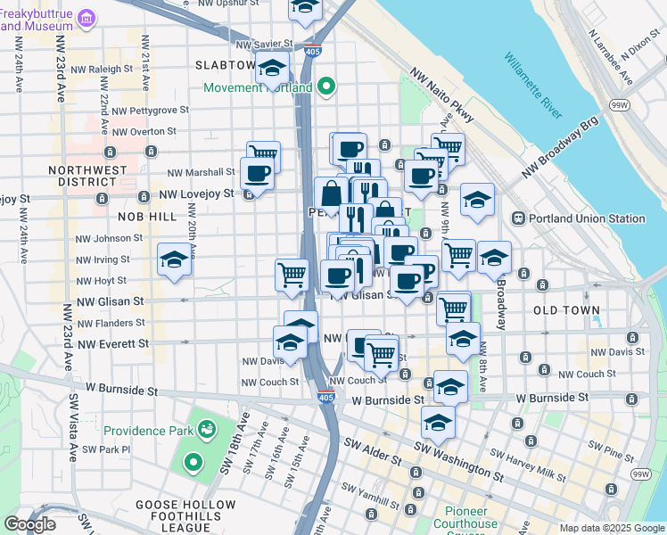 map of restaurants, bars, coffee shops, grocery stores, and more near 1400 Northwest Irving Street in Portland