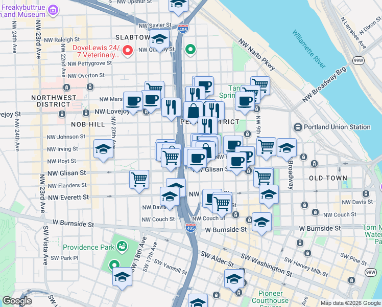 map of restaurants, bars, coffee shops, grocery stores, and more near 622 Northwest 15th Avenue in Portland