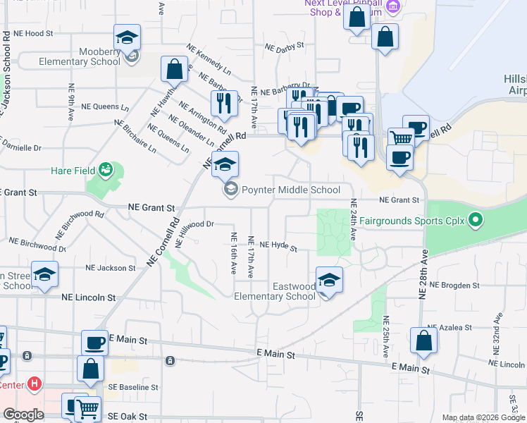 map of restaurants, bars, coffee shops, grocery stores, and more near 1776 Northeast Grant Street in Hillsboro