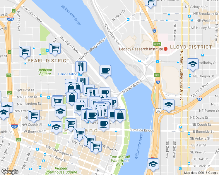 map of restaurants, bars, coffee shops, grocery stores, and more near 730 Northwest Naito Parkway in Portland