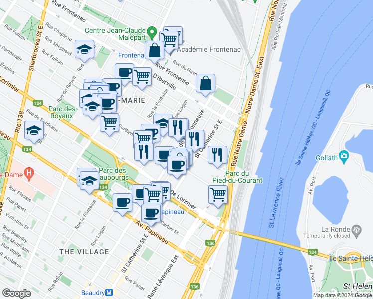 map of restaurants, bars, coffee shops, grocery stores, and more near 1448 Rue Fullum in Montréal